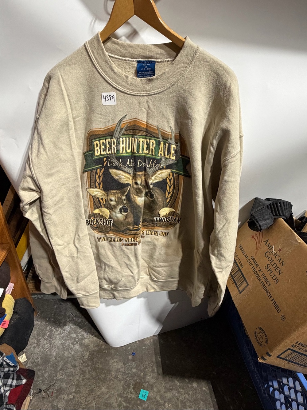 #4389-Puritan Beige Crewneck Sweater with Beer Hunter Ale Deer Graphic
